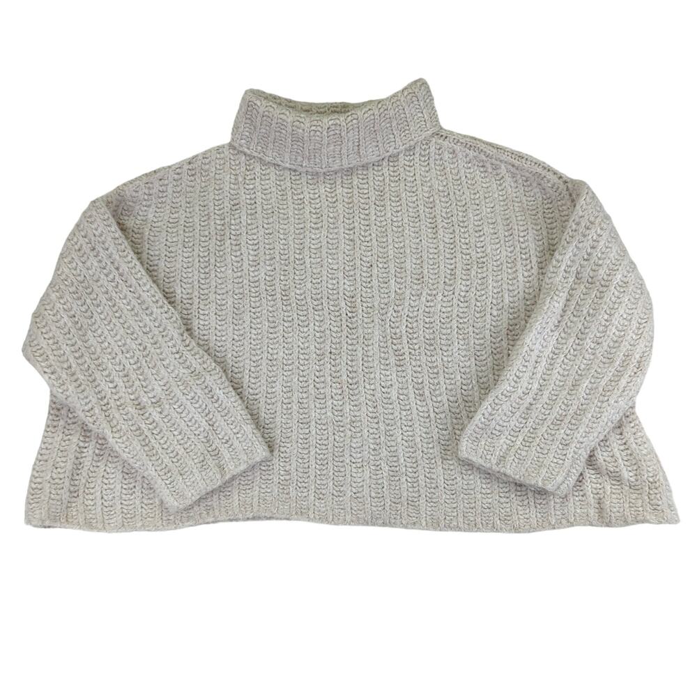 Free People Cream Oversized Turtleneck Sweater Chunky Medium Wool Alpaca Cropped